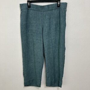 J.Jill PureJill Linen Pants Teal Green Cropped Elastic Waist Boho Lagenlook Sz M